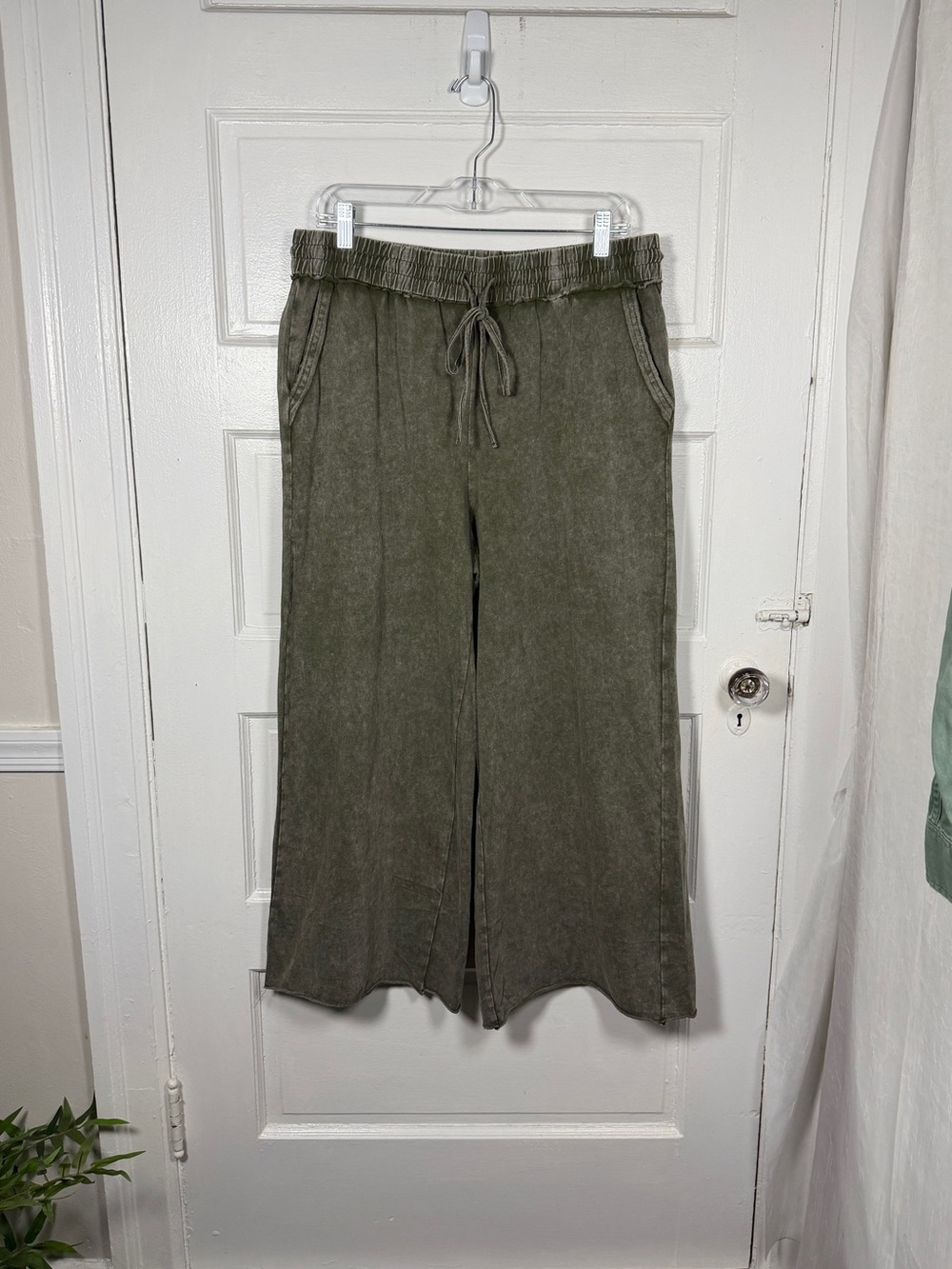 Miduo Wide Leg Drawstring Pants Mineral Washed Olive Green Cropped Drawstring XL